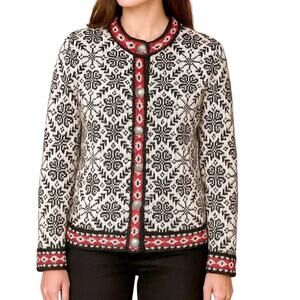 L.L Bean Fair Isle Long Sleeve Button Front Cardigan Sweater White Black Medium